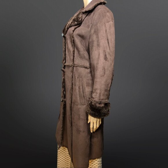 Y2K Penny Lane Coat Size l Boho Brown Faux Suede Brown Faux Fur 3/4 Length - Picture 5 of 11